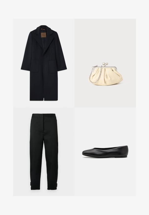 Navy wool coat with a tailored silhouette, notched lapels, two front pockets, and a straight cut. Smooth texture and minimal detailing.; Black long-sleeve turtleneck top made of smooth fabric, featuring a ruffled neck and fitted silhouette with simple edges.; Black tapered pants with a smooth fabric, featuring a waistband, side pockets, and zipper closure at the hem for adjustable fit.; Paul Smith TOPANGA - Ballet pumps - black; Pleated beige leather clutch with a silver metal frame, featuring two round decorative clasps and a silver chain strap.