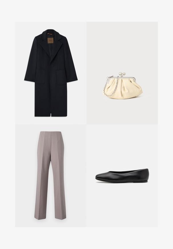 Manteau en laine marine avec une silhouette ajustée, revers crantés, deux poches avant et une coupe droite. Texture lisse et détails minimaux.; Haut à manches longues noir en col roulé, fabriqué en tissu lisse, présentant un col volanté et une silhouette ajustée avec des bords simples.; Pantalons gris ajustés avec une taille haute, des jambes larges et des plis avant marqués. Fabriqués en tissu lisse, avec des bords nets et sans quincaillerie visible.; Paul Smith TOPANGA - Ballerines - black; Pochette en cuir beige plissé avec un cadre en métal argenté, dotée de deux fermoirs ronds décoratifs et d'une chaîne en argent.