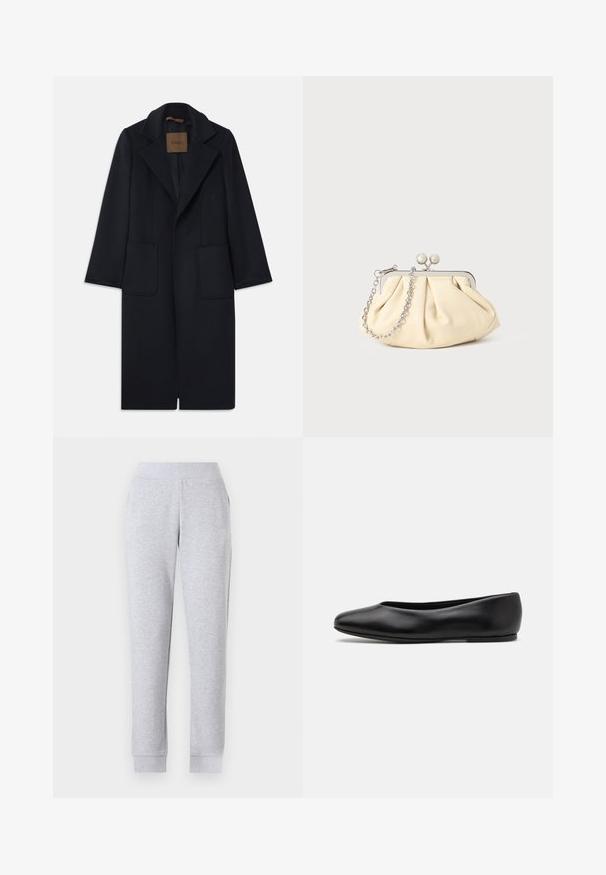Navy wool coat with a tailored silhouette, notched lapels, two front pockets, and a straight cut. Smooth texture and minimal detailing.; Black tank top with thin spaghetti straps, made of a ribbed fabric, featuring a straight cut and a label at the neckline reading "IVY OAK."; Gray sweatpants with a tapered design, elastic waistband, ribbed cuffs, and side pockets. Fabric appears soft and slightly textured.; Paul Smith TOPANGA - Ballet pumps - black; Pleated beige leather clutch with a silver metal frame, featuring two round decorative clasps and a silver chain strap.