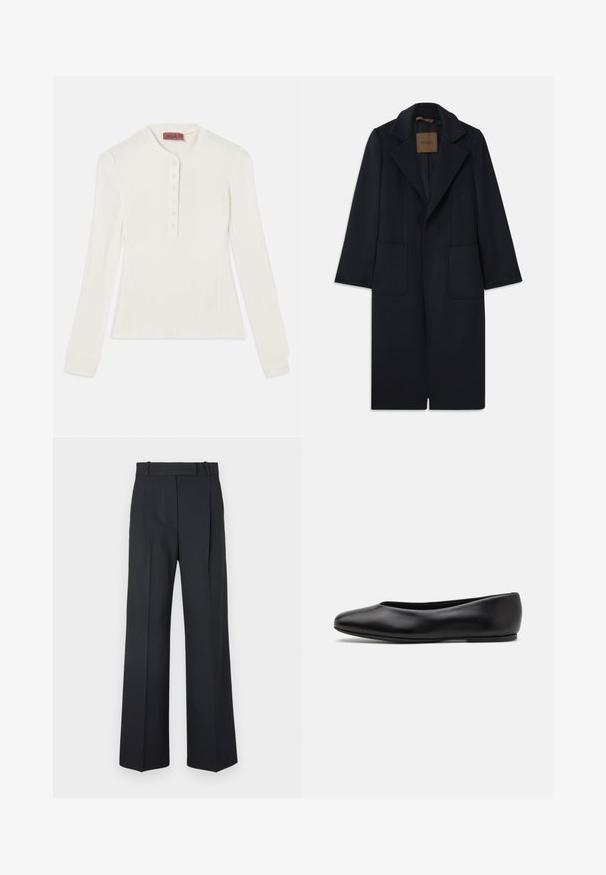 Merino villakangastakki, jossa on muotoiltu siluetti, lovetut kaulukset, kaksi etutaskua ja suora leikkaus. Silkkinen pinta ja hyvin vähäiset yksityiskohdat.; Pitkähihaista valkoista ribbipaitaa, jossa on henley-tyylinen kaulus ja kuuden napin lista, mukautuvat hihansuut ja hieman kapeampi muoto.; Tummansiniset raidalliset housut, joissa on korkea vyötärö, leveät lahkeet ja ei näkyviä metalliosia tai koristeita. Sileä pinta ja räätälöity istuvuus.; Paul Smith TOPANGA - Ballerinat - black