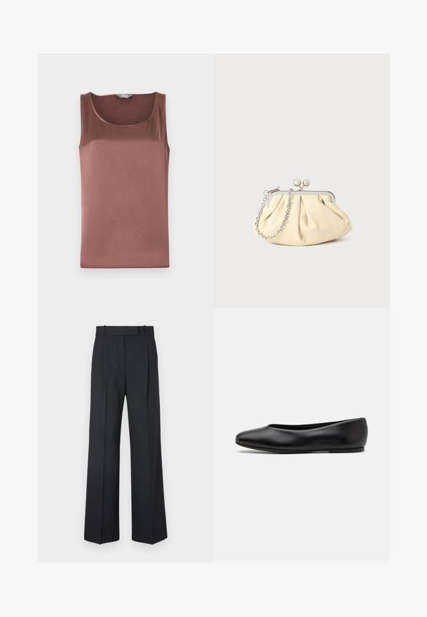 Granatowy wełniany płaszcz o dopasowanej sylwetce, z klapami, dwiema przednimi kieszeniami i prostym krojem. Gładka tekstura i minimalistyczne wykończenie.; Brązowy satynowy top bez rękawów z okrągłym dekoltem, gładką fakturą i dopasowanym krojem, zaprojektowany w celu uzyskania smukłej sylwetki.; Ciemnoniebieskie spodnie w paski z wysokim stanem, szerokimi nogawkami i bez widocznych elementów metalowych lub ozdób. Gładka tekstura i dopasowany krój.; Paul Smith TOPANGA czarny; Złożona beżowa skórzana kopertówka z srebrną metalową ramą, z dwoma okrągłymi dekoracyjnymi zapięciami i srebrnym łańcuszkiem.