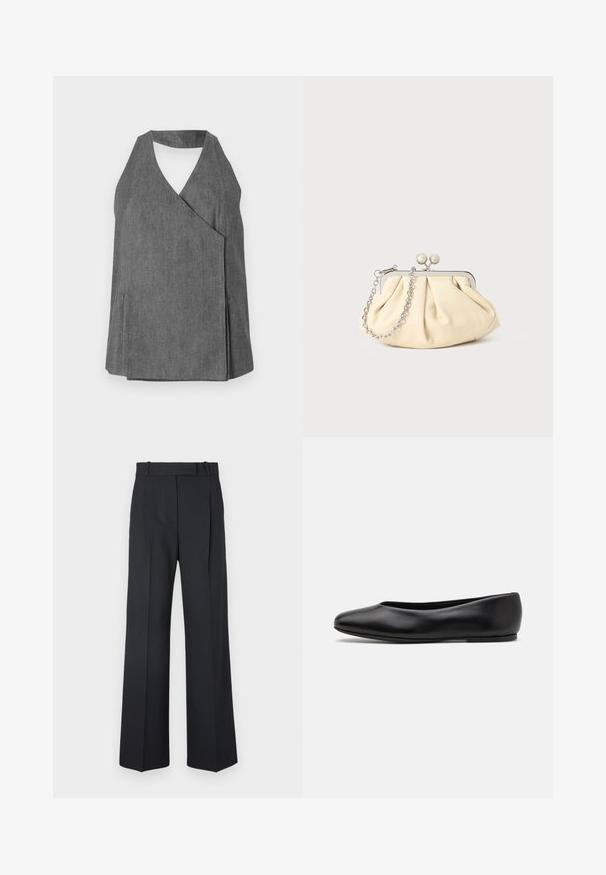 Marineblå uldfrakke med skræddersyet silhuet, spidse klapper, to lommer foran og lige skæring. Glat tekstur og minimalistisk detaljering.; Grå denim halterneck top med en wrapsdesign, der har en v-hals og sideslidser. Glat tekstur med diskrete syninger.; Mørkeblå stribede bukser med høj talje, vidde bendesign og ingen synlig hardware eller dekorationer. Glat tekstur og skræddersyet pasform.; Paul Smith TOPANGA - Ballerinasko - black; Plisseret beige læderclutch med en sølvmetalramme, der har to runde dekorative låse og en sølvkædetrasporte.