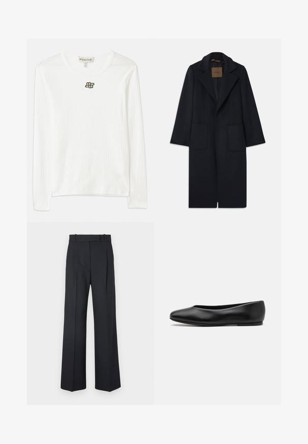 Marineblauer Wollmantel mit taillierter Silhouette, schmalen Revers, zwei vorderen Taschen und geradem Schnitt. Glatte Textur und minimale Details.; Langärmliges weißes geripptes Shirt aus weichem Stoff, mit einem runden Halsausschnitt und einem kleinen dunklen gestickten Logo auf der Brust.; Dunkelblaue Nadelstreifenhosen mit hoher Taille, weit geschnittenem Bein und ohne sichtbare Beschläge oder Verzierungen. Glatte Textur und taillierte Passform.; Paul Smith TOPANGA - Klassischer Ballerina - black