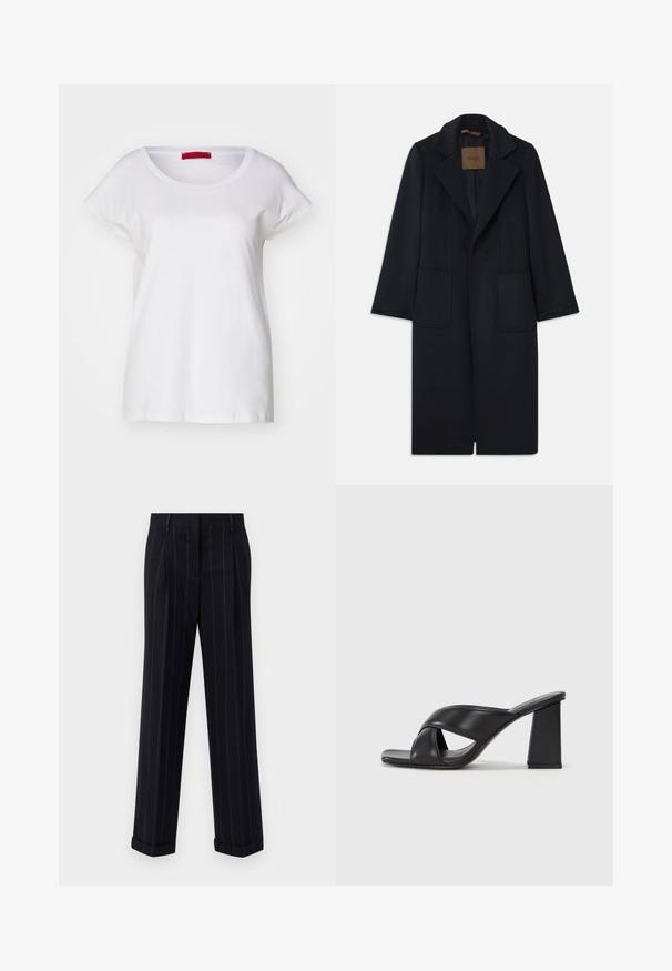 Mornarska vuna jakna s krojem po mjeri, s izrezanim reverima, dva prednja džepa i ravnim krojem. Glatka tekstura i minimalni detalji.; MAX&Co. MALDIVE - Osnovna majica kratkih rukava - weiss; Crne prugaste hlače s krojem po mjeri, s opšivenim rubom i prednjim naborima. Izrađene od glatkog materijala s čvrstim dizajnom.; MAX&Co. SOHO - Sandale s visokom petom - schwarz