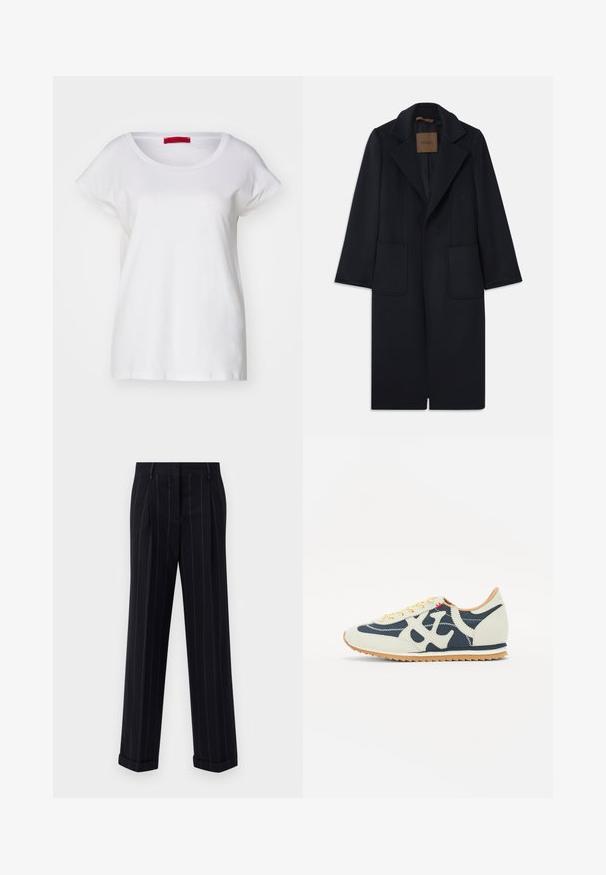 Cappotto di lana navy con silhouette su misura, revers a punta, due tasche frontali e taglio dritto. Texture liscia e dettagli minimi.; MAX&Co. MALDIVE - T-shirt basic - weiss; Pantaloni neri a righe sottili con una vestibilità su misura, dotati di orlo con risvolto e pieghe frontali. Realizzati in un tessuto liscio con un design strutturato.; Sneaker caratterizzato da un mix di materiali crema, blu navy e suede, design con lacci, cuciture diagonali e suola in gomma con trazione.