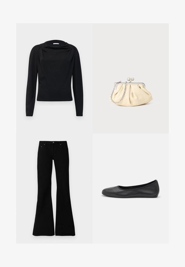 Navy wool coat with a tailored silhouette, notched lapels, two front pockets, and a straight cut. Smooth texture and minimal detailing.; Black long-sleeve top with a draped neckline and fitted silhouette, made from soft stretch fabric. Smooth texture and minimalistic design.; Black flared jeans made from denim, featuring a classic five-pocket design, button closure, and subtle stitching details along the seams.; Black leather ballet flat with a rounded toe, smooth texture, minimal stitching detail, and a flexible sole design.; Pleated beige leather clutch with a silver metal frame, featuring two round decorative clasps and a silver chain strap.