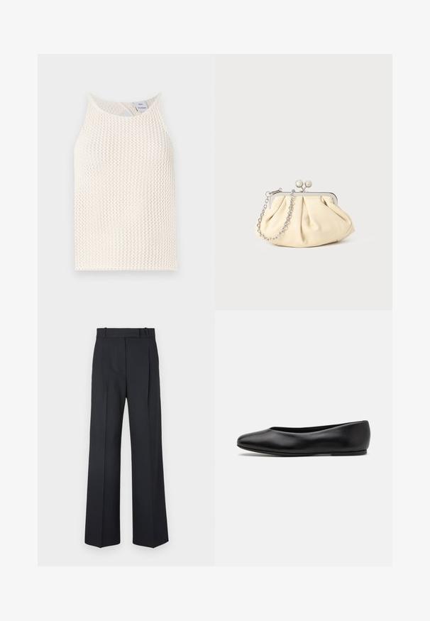 Granatowy wełniany płaszcz o dopasowanej sylwetce, z klapami, dwiema przednimi kieszeniami i prostym krojem. Gładka tekstura i minimalistyczne wykończenie.; Biały siateczkowy top na ramiączkach z okrągłym dekoltem i rozcięciem z tyłu. Teksturowany materiał o luźnym kroju.; Ciemnoniebieskie spodnie w paski z wysokim stanem, szerokimi nogawkami i bez widocznych elementów metalowych lub ozdób. Gładka tekstura i dopasowany krój.; Paul Smith TOPANGA czarny; Złożona beżowa skórzana kopertówka z srebrną metalową ramą, z dwoma okrągłymi dekoracyjnymi zapięciami i srebrnym łańcuszkiem.