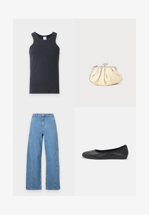 Navy wool coat with a tailored silhouette, notched lapels, two front pockets, and a straight cut. Smooth texture and minimal detailing.; Black ribbed tank top featuring a round neckline, wide shoulder straps, and a smooth texture. Includes a label at the neckline.; Light blue wide-leg jeans made of denim, featuring a high waist, straight cut, and contrasting stitching along the seams.; Black leather ballet flat with a rounded toe, smooth texture, minimal stitching detail, and a flexible sole design.; Pleated beige leather clutch with a silver metal frame, featuring two round decorative clasps and a silver chain strap.