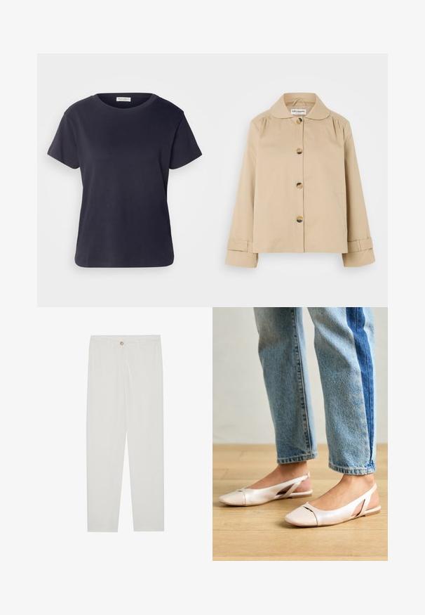 Beige cotton jacket with a rounded collar, front button closure, and two side pockets. Features gathered detailing at shoulders and cuffs.; Navy blue cotton T-shirt with a round neckline, short sleeves, and a relaxed fit. Smooth texture and minimalist design, no visible patterns.; White, tailored trousers with a straight leg design, featuring a button closure, belt loops, and side pockets; smooth fabric texture.; Pale pink slingback flats with a pointed toe, made from a smooth leather-like material. Features cut-out details at the sides and a flat heel.