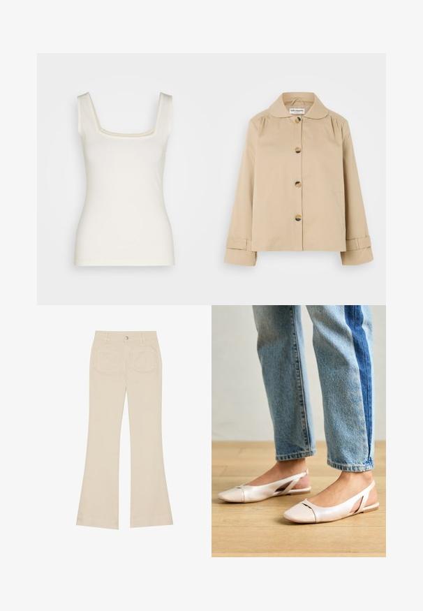 Giacca in cotone beige con colletto arrotondato, chiusura frontale con bottoni e due tasche laterali. Presenta dettagli arricciati su spalle e polsini.; Top in crema con scollatura quadrata, spalline sottili e silhouette aderente. Realizzato in tessuto morbido ed elastico. Senza motivi né accenti.; Pantaloni beige a zampa d'elefante con vita alta, realizzati in tessuto di cotone. Presentano tasche frontali e posteriori, passanti per cintura e un singolo bottone argentato.; Ballerine slingback rosa pallido con punta affusolata, realizzate in un materiale simile alla pelle liscio. Presentano dettagli a taglio sui lati e un tacco piatto.