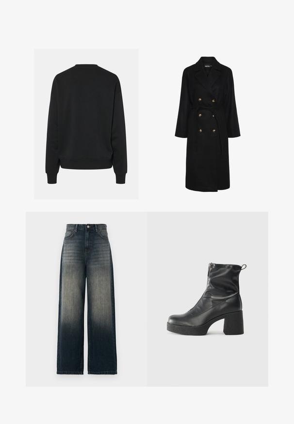 Abrigo negro de doble pecho con cintura ceñida por un cinturón, botones de tono dorado, solapas anchas y mangas largas; hecho de un tejido suave y texturizado.; Sudadera negra con cuello redondo y mangas largas, con un ajuste relajado y puños acanalados. Textura de tela suave, sin patrones visibles.; Top negro de manga larga con textura de canalé y cuello alto, con un detalle de cremallera en la parte posterior, que presenta una silueta ajustada y una textura suave.; Jeans de pierna ancha en denim oscuro, con un degradado desvaído de oscuro a claro, cinco bolsillos y detalles de costura en contraste.; Botines negros de tobillo, hechos de cuero suave, con cierre lateral, tacón grueso texturizado y diseño de punta redondeada.