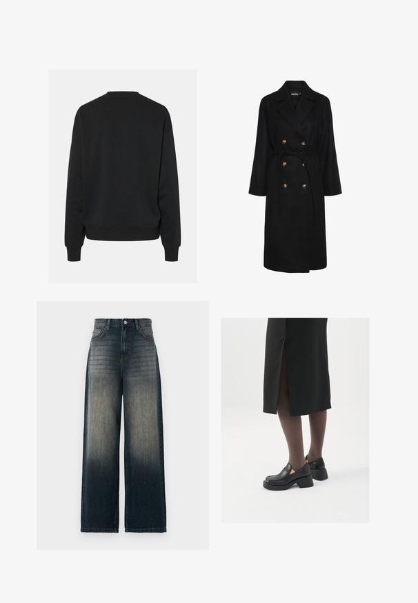 Cappotto nero doppiopetto con cintura in vita, bottoni dorati, ampi revers e maniche lunghe; realizzato in un tessuto morbido e testurizzato.; Felpa nera con scollatura rotonda e maniche lunghe, caratterizzata da una vestibilità comoda e polsini a coste. Tessuto liscio, senza motivi visibili.; Top lungo aderente a maniche nere con colletto alto e dettagli con zip sul retro, caratterizzato da una silhouette attillata e una texture morbida.; Jeans a gamba larga in denim scuro, con una sfumatura sbiadita che va dal scuro al chiaro, dotati di cinque tasche e dettagli di cucitura a contrasto.; Scarpe in pelle nera con punta arrotondata, tacco spesso a blocco e accenti laterali in elastico, abbinate a collant scuri e una gonna nera con uno spacco.