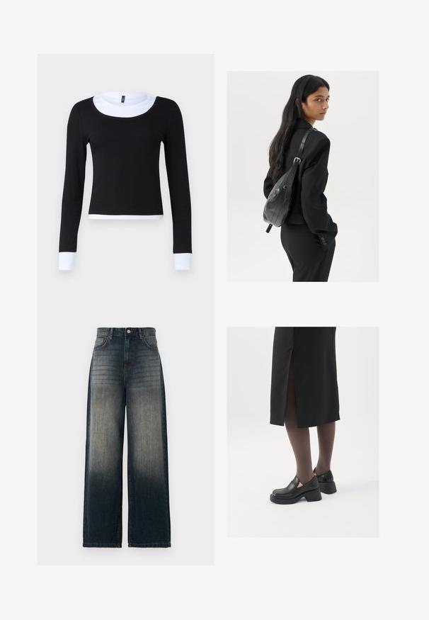 Black double-breasted coat with a belted waist, gold-tone buttons, wide lapels, and long sleeves; made of a soft, textured fabric.; Black long-sleeve top with a ribbed texture, featuring a white crew neck and cuffs. The design is fitted and cropped at the waist.; Wide-leg jeans in dark denim, featuring a faded gradient from dark to light, with five pockets and contrasting stitching detail.; Black leather shoes with a rounded toe, thick block heel, and elastic side accents, paired with dark tights and a black skirt with a slit.; Woman with long dark hair wearing a black suit, carrying a black leather shoulder bag, looking over her shoulder against a white background.