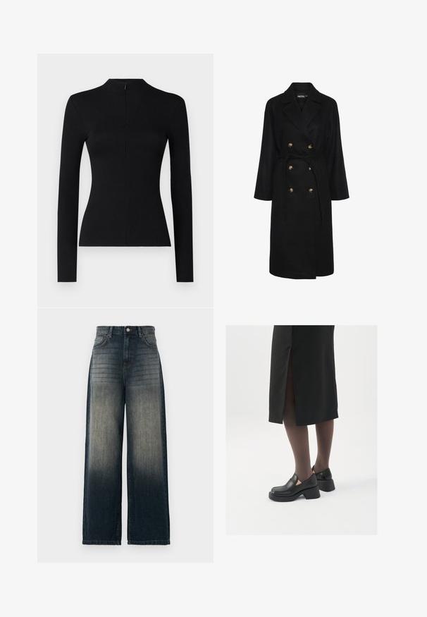Črn dvoredni plašč z pasom, z zlatimi gumbi, širokimi klapnicami in dolgimi rokavi; izdelan iz mehkega, teksturiranega materiala.; Črn dolgi rokav ribast top z visokim ovratnikom in zadrgo na hrbtu, ki ima oprijet silhueto in mehko teksturo.; Široke kavbojke v temnem džinsu, z izginjajočim prehodom od temne do svetle, s petimi žepi in kontrastnim šivanjem.; Črne usnjene čevlje s zaobljenim prstom, debelim blokastim petama in elastičnimi stranskimi detajli, v kombinaciji s temno nogavicami in črno krilo z razporkom.