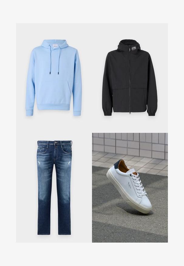 Giacca a vento nera con zip frontale, polsini elasticizzati e cappuccio. Presenta una tasca sul petto e un tessuto liscio e leggero.; Felpa leggera azzurro chiaro in tessuto morbido, con tasca a marsupio frontale, coulisse regolabile e polsini e orlo a coste.; Camicia a maniche lunghe blu scuro in lino, con colletto button-down, tasca anteriore e bottoni bianchi. Logo Wrangler sulla tasca.; Jeans in denim blu con vestibilità regolare, caratterizzati da un lavaggio sbiadito, leggero usura, cinque tasche e cuciture a contrasto. Chiusura con bottone in vita.; Sneaker bianca in pelle con tallone blu, punta rotonda e accenti marroni a contrasto. Presenta lacci piatti e suola in gomma testurizzata.