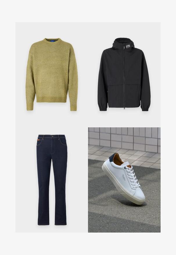 Schwarze Windjacke mit Reißverschluss, elastischen Bündchen und Kapuze. Mit einer Brusttasche und glattem, leichtem Stoff.; Strickpullover in gedämpftem Olivgrün, mit Rundhalsausschnitt, abgesenkten Schultern, gerippten Bündchen und strukturiertem Finish.; Dunkelblaue Jeans mit geradem Beinschnitt, ausgestattet mit orangefarbenen Nähten, fünf Taschen und einem Knopfverschluss an der Taille.; Weiße Ledersneaker mit navyfarbenem Fersenbereich, runder Zehenpartie und kontrastierenden braunen Akzenten. Verfügt über flache Schnürsenkel und eine strukturierte Gummisohle.