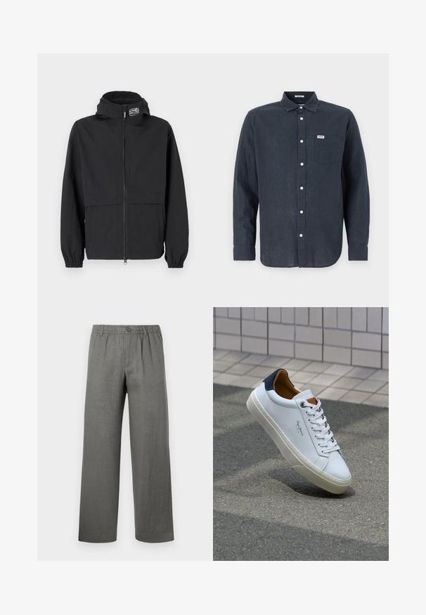 Veste coupe-vent noire avec une fermeture éclair à l'avant, des poignets élastiques et une capuche. Comprend une poche poitrine et un tissu lisse et léger.; Chemise à manches longues bleu foncé en lin, avec un col boutonné, une poche avant et des boutons blancs. Logo Wrangler sur la poche.; Pantalons en lin gris avec une coupe décontractée, taille élastique, fermeture à bouton et jambes droites. Texture lisse, design minimaliste.; Sneaker en cuir blanc avec un talon bleu marine, bout rond et accents marron contrastés. Dispose de lacets plats et d'une semelle en caoutchouc texturée.