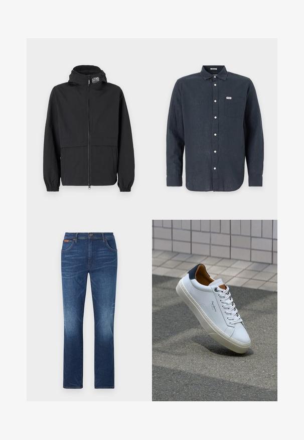 Must black windbreaker-jakk, millel on tõmblukuga esiosa, elastsed mansetid ja kapuuts. Omab rinna-taskut ja sujuvat, kerget kangast.; Tume sinine pikkade varrukatega lina särk, millel on nööpidega krae, ette pandud tasku ja valged nööbid. Wrangleri logo taskul.; Tumedad sinised teksad sirge jala, valmistatud denimist, millel on peen kulumine ees ja taskud kontrastsete õmblustega.; Valge nahast tennis, millel on tumesinine konts, ümmargune nina ja kontrastsed pruuni aktsendid. Omab lamepaelti ja tekstureeritud kummist tallat.