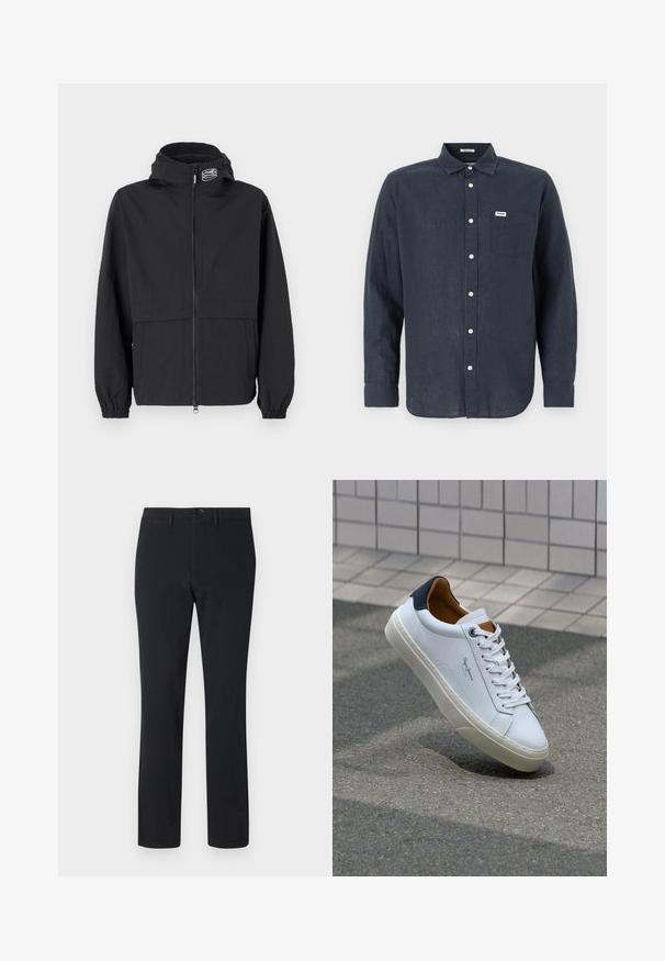 Black windbreaker jacket with a zippered front, elastic cuffs, and a hood. Features a chest pocket and smooth, lightweight fabric.; Dark blue long-sleeve shirt made of linen, featuring a button-down collar, front pocket, and white buttons. Wrangler logo on the pocket.; Black, straight-leg trousers made of smooth fabric. Features a front button closure, belt loops, and two side pockets.; White leather sneaker with a navy heel, round toe, and contrasting brown accents. Features flat laces and textured rubber sole.