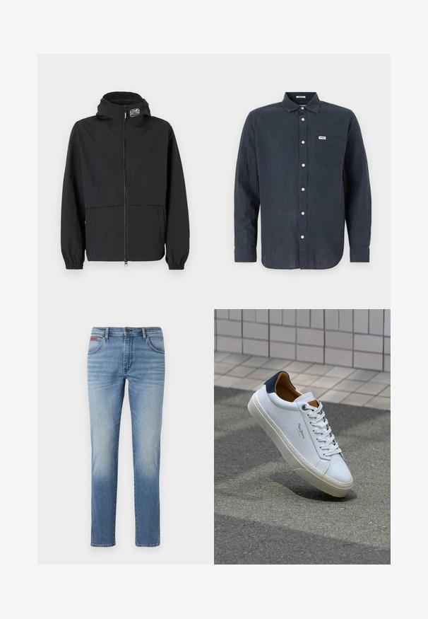 Juodas vėjaraščių striukė su užtrauktuku priekyje, elastinėmis rankogaliais ir užtraukiama kapuce. Yra krūtinės kišenė ir glotni, lengva medžiaga.; Tamsiai mėlyna ilgaažuolė marškinėliai iš lino, su mygtuku ant apykaklės, priekinė kišenė ir balti mygtukai. Wrangler logotipas ant kišenės.; Palaidų mėlynų džinsų kelnių su tiesia kojų forma dizainas, turinčių priekinės kišenes, šiek tiek išblukusius klubus ir klasikinį mygtuko uždarymą.; Balti odiniai sportbačiai su mėlynu kulnu, apvalia nosimi ir kontrastingais rudais akcentais. Aptakios raišteliai ir tekstūruota guma.