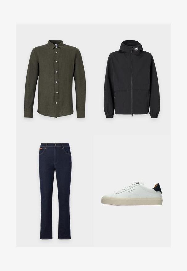 Czarna kurtka przeciwdeszczowa z zamkiem z przodu, elastycznymi mankietami i kapturem. Posiada kieszeń na piersi oraz gładki, lekki materiał.; Ciemnozielona koszula z długim rękawem, wykonana z lnu, z kołnierzykiem na guziki, subtelną teksturą i białymi guzikami wzdłuż przodu.; Granatowe dżinsy o prostym kroju nogawki, z pomarańczowymi przeszyciami, pięcioma kieszeniami i zapięciem na guzik w talii.; Białe skórzane trampki z grubą kremową podeszwą, navy niebieskim akcentem na pięcie oraz logo po boku. Gładka faktura, minimalistyczny design, z zapięciem na sznurowadła.