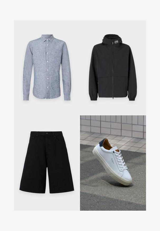 Giacca a vento nera con zip frontale, polsini elasticizzati e cappuccio. Presenta una tasca sul petto e un tessuto liscio e leggero.; Camicia blu in lino a maniche lunghe con colletto button-down, caratterizzata da un tessuto strutturato e un orlo curvo. Cinque bottoni frontali disposti in una sola fila.; Shorts in denim nero con una vestibilità comoda, caratterizzati da un classico design a cinque tasche e chiusura con bottone, texture liscia e taglio dritto.; Sneaker bianca in pelle con tallone blu, punta rotonda e accenti marroni a contrasto. Presenta lacci piatti e suola in gomma testurizzata.