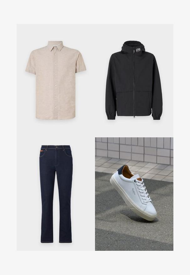 Schwarze Windjacke mit Reißverschluss, elastischen Bündchen und Kapuze. Mit einer Brusttasche und glattem, leichtem Stoff.; Beige Kurzarmhemd aus strukturiertem Stoff mit Button-Down-Kragen, ausgestattet mit einer Vorderleiste mit hellen Knöpfen und einem geraden Saum.; Dunkelblaue Jeans mit geradem Beinschnitt, ausgestattet mit orangefarbenen Nähten, fünf Taschen und einem Knopfverschluss an der Taille.; Weiße Ledersneaker mit navyfarbenem Fersenbereich, runder Zehenpartie und kontrastierenden braunen Akzenten. Verfügt über flache Schnürsenkel und eine strukturierte Gummisohle.