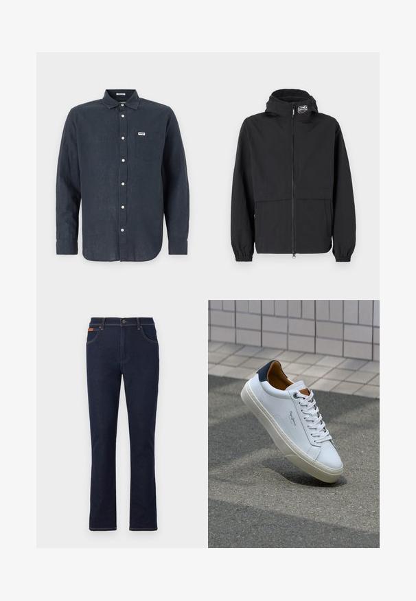 Must black windbreaker-jakk, millel on tõmblukuga esiosa, elastsed mansetid ja kapuuts. Omab rinna-taskut ja sujuvat, kerget kangast.; Tume sinine pikkade varrukatega lina särk, millel on nööpidega krae, ette pandud tasku ja valged nööbid. Wrangleri logo taskul.; Tumed sinised teksad sirge säärega, millel on oranž õmblus, viis taskut ja nööpkinnitus vöökoht.; Valge nahast tennis, millel on tumesinine konts, ümmargune nina ja kontrastsed pruuni aktsendid. Omab lamepaelti ja tekstureeritud kummist tallat.