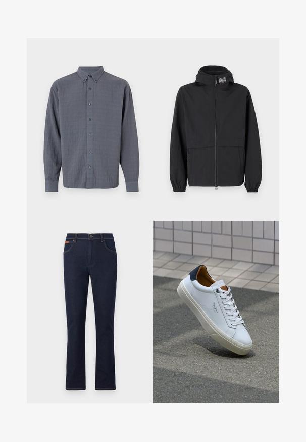 Musta tuulitakki, jossa on vetoketjullinen etuosa, joustavat hihansuut ja huppu. Sisältää rintataskun ja sileää, kevyttä kangasta.; Harmaa nappikauluspaita pitkilla hihoilla, valmistettu teksturoidusta kankaasta, klassisella kauluksella ja kuudella etunapilla.; Tummansiniset farkut suoran lahkeen leikkauksella, joissa on oranssia ommelta, viisi taskua ja nappikiinnitys vyötäröllä.; Valkoinen nahkakenkä, jossa on tummansininen kantapää, pyöreä kärki ja ristikkäiset ruskeat korostukset. Varustettu tasapaksuilla nauhoilla ja teksturoidulla kumipohjalla.