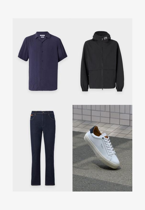 Chaqueta negra tipo rompevientos con cierre en la parte delantera, puños elásticos y capucha. Presenta un bolsillo en el pecho y un tejido suave y ligero.; Camisa de manga corta, con botones, en azul marino, hecha de tela ligera con una textura lisa y un diseño de collar clásico.; Jeans de mezclilla azul oscuro con corte recto, que presentan costuras naranjas, cinco bolsillos y un cierre de botón en la cintura.; Zapatilla de cuero blanca con talón en azul marino, punta redonda y acentos en marrón a contraste. Presenta cordones planos y suela de goma texturizada.