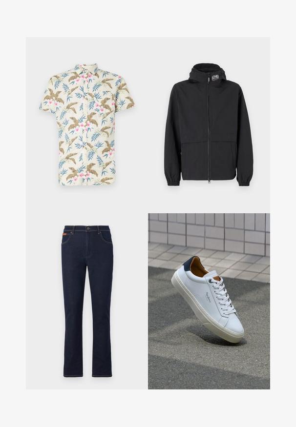 Czarna kurtka przeciwdeszczowa z zamkiem z przodu, elastycznymi mankietami i kapturem. Posiada kieszeń na piersi oraz gładki, lekki materiał.; Koszula z krótkim rękawem w jasnym beżowym kolorze z bawełny, z tropikalnym wzorem kwiatowym w różowych i niebieskich akcentach oraz zapięciem na guziki.; Granatowe dżinsy o prostym kroju nogawki, z pomarańczowymi przeszyciami, pięcioma kieszeniami i zapięciem na guzik w talii.; Białe skórzane trampki z granatowym piętkiem, okrągłym noskiem i kontrastowymi brązowymi akcentami. Posiadają płaskie sznurówki i teksturowaną gumową podeszwę.