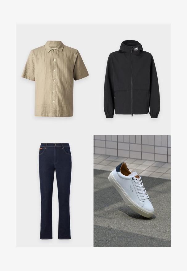 Musta tuulitakki, jossa on vetoketjullinen etuosa, joustavat hihansuut ja huppu. Sisältää rintataskun ja sileää, kevyttä kangasta.; Lyhythihainen paita vaaleanbeigessä, tekstuurissa. Ominaisuuksiin kuuluu nappisuljenta, terävä kaulus ja kuusi nappia listalla.; Tummansiniset farkut suoran lahkeen leikkauksella, joissa on oranssia ommelta, viisi taskua ja nappikiinnitys vyötäröllä.; Valkoinen nahkakenkä, jossa on tummansininen kantapää, pyöreä kärki ja ristikkäiset ruskeat korostukset. Varustettu tasapaksuilla nauhoilla ja teksturoidulla kumipohjalla.