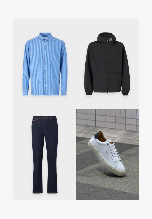 Black windbreaker jacket with a zippered front, elastic cuffs, and a hood. Features a chest pocket and smooth, lightweight fabric.; Blue and white striped long-sleeve shirt, button-up design, featuring a classic collar and a single chest pocket. Soft cotton material.; Dark blue denim jeans with a straight leg cut, featuring orange stitching, five pockets, and a button closure at the waist.; White leather sneaker with a navy heel, round toe, and contrasting brown accents. Features flat laces and textured rubber sole.