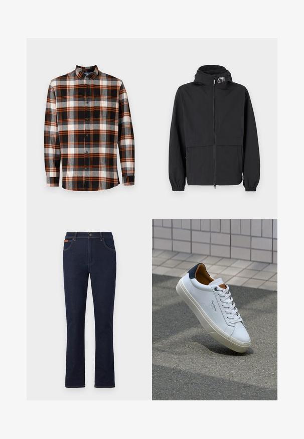 Giacca a vento nera con zip frontale, polsini elasticizzati e cappuccio. Presenta una tasca sul petto e un tessuto liscio e leggero.; Camicia a quadri nera e grigia con dettagli arancioni, maniche lunghe e colletto button-down. Presenta una tasca sul petto e una texture del tessuto.; Jeans in denim blu scuro con taglio dritto, caratterizzati da cuciture arancioni, cinque tasche e chiusura a bottone in vita.; Sneaker bianca in pelle con tallone blu, punta rotonda e accenti marroni a contrasto. Presenta lacci piatti e suola in gomma testurizzata.