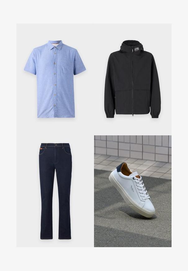 Veste coupe-vent noire avec une fermeture éclair à l'avant, des poignets élastiques et une capuche. Comprend une poche poitrine et un tissu lisse et léger.; Chemise à manches courtes en tissu bleu clair avec un motif à carreaux, dotée d'une fermeture à boutons sur le devant et d'une poche poitrine.; Jeans en denim bleu foncé avec une coupe droite, ornés de coutures orange, de cinq poches et d'une fermeture à bouton à la taille.; Sneaker en cuir blanc avec un talon bleu marine, bout rond et accents marron contrastés. Dispose de lacets plats et d'une semelle en caoutchouc texturée.