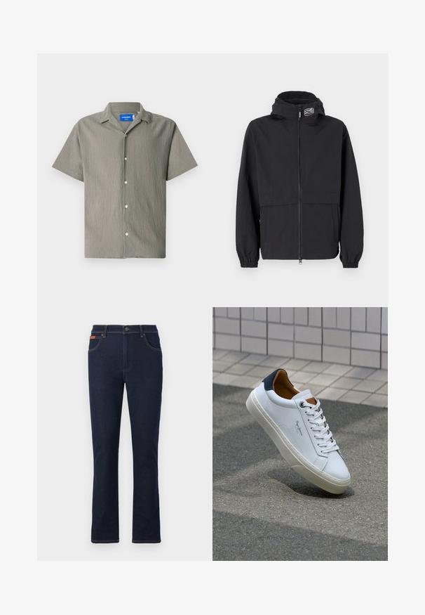 Schwarze Windjacke mit Reißverschluss, elastischen Bündchen und Kapuze. Mit einer Brusttasche und glattem, leichtem Stoff.; Kurzärmliges Hemd in Olivgrün mit strukturierter Oberfläche, mit Kragen und Knopfverschluss vorne. Enthält hellfarbige Knöpfe.; Dunkelblaue Jeans mit geradem Beinschnitt, ausgestattet mit orangefarbenen Nähten, fünf Taschen und einem Knopfverschluss an der Taille.; Weiße Ledersneaker mit navyfarbenem Fersenbereich, runder Zehenpartie und kontrastierenden braunen Akzenten. Verfügt über flache Schnürsenkel und eine strukturierte Gummisohle.