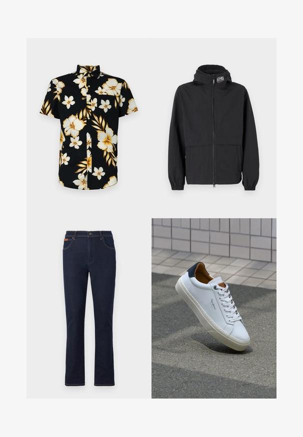 Schwarze Windjacke mit Reißverschluss, elastischen Bündchen und Kapuze. Mit einer Brusttasche und glattem, leichtem Stoff.; Kurzarm, schwarzes Hemd mit Knöpfen, das große weiße und goldene Blumenmuster, einen klassischen Kragen und eine Brusttasche auf der linken Seite aufweist.; Dunkelblaue Jeans mit geradem Beinschnitt, ausgestattet mit orangefarbenen Nähten, fünf Taschen und einem Knopfverschluss an der Taille.; Weiße Ledersneaker mit navyfarbenem Fersenbereich, runder Zehenpartie und kontrastierenden braunen Akzenten. Verfügt über flache Schnürsenkel und eine strukturierte Gummisohle.