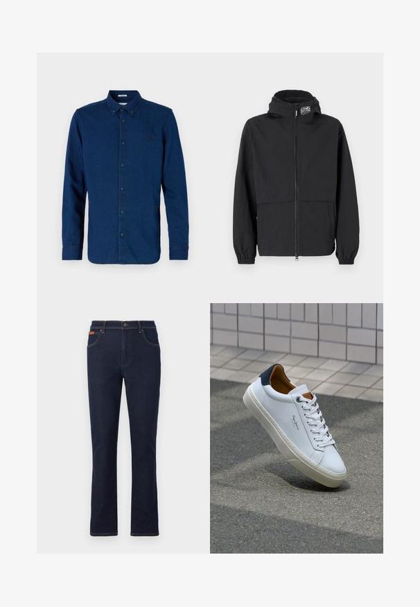 Čierna vetrovka s predným zipsom, elastickými manžetami a kapucňou. Obsahuje náprsné vrecko a hladký, ľahký materiál.; Tmavomodrá košeľa na gombíky vyrobená z denimovej tkaniny. Má špicatý golier, dlhé rukávy a malé logo na hrudi.; Tmavomodré denimové nohavice s rovnými nohavicami, s oranžovým prešívaním, piatimi vreckami a gombíkovým zapínaním v páse.; Biele kožené tenisky s námorníckym opätkom, okrúhlou špičkou a kontrastnými hnedými akcentami. Majú ploché šnúrky a textúrovanú gumovú podrážku.