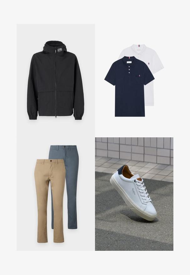Zwarte windjack met een ritssluiting aan de voorkant, elastische cuffs en een capuchon. Voorzien van een borstzak en van een gladde, lichtgewicht stof.; Twee polo shirts: één marineblauw en één wit, beide met een kleine rood, wit en blauwe accent op de borstzak en kraag.; Twee paren rechte broek: één in kaki en één in donkerblauw. Gemaakt van katoen; heeft een tailleband en knoopsluiting.; Witte leren sneaker met een marineblauwe hiel, ronde neus en contrasterende bruin accent. Beschikt over platte veters en een gestructureerde rubberen zool.