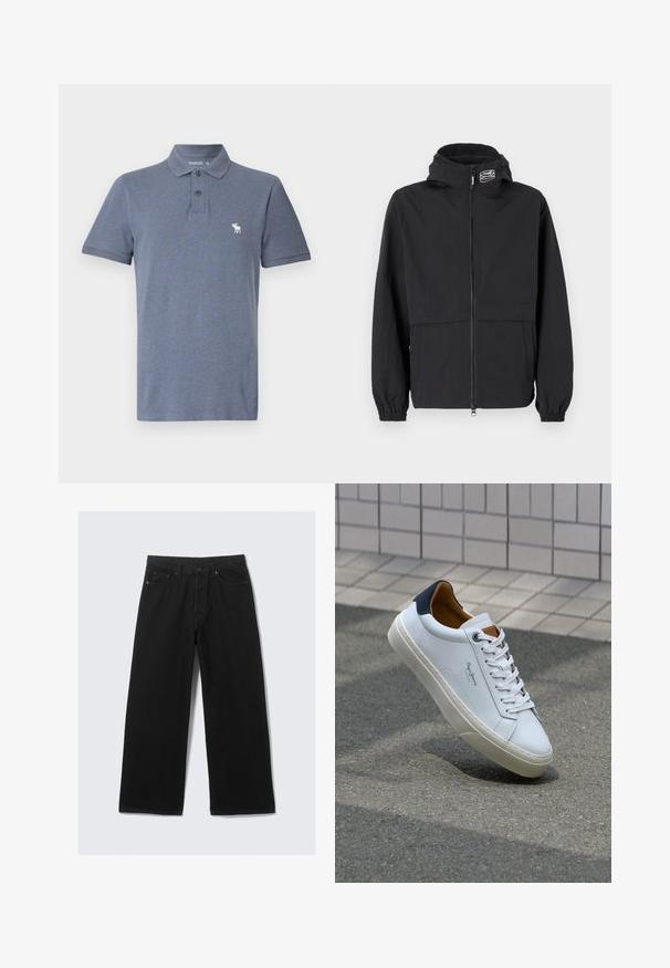 Sort vindjakke med lynlås foran, elastiske ærmer og hætte. Har en brystlomme og blødt, letvægtsstof.; Abercrombie & Fitch Icon Don't Sweat It Polo - Poloshirts - sky captain heather; Sorte brede bukser lavet af denim, med et klassisk fem-lomme design og en struktureret talje med bæltestropper.; Hvide lædersneakers med en marineblå hæl, rund tå og kontrasterende brune detaljer. Har flade snørebånd og en tekstureret gummisål.