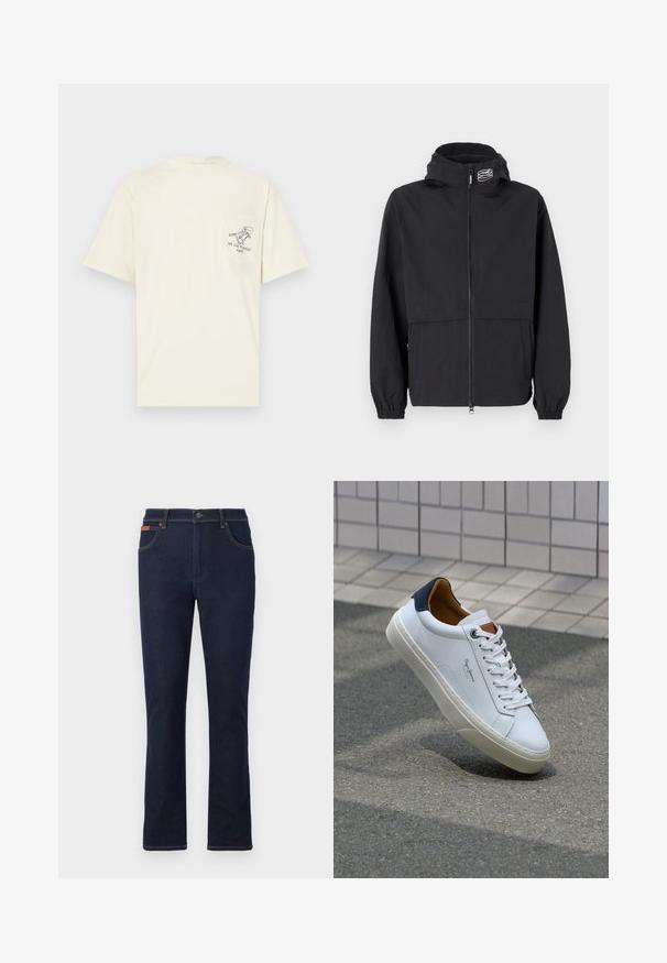 Schwarze Windjacke mit Reißverschluss, elastischen Bündchen und Kapuze. Mit einer Brusttasche und glattem, leichtem Stoff.; Cremfarbendes Kurzarm-T-Shirt aus Baumwolle, mit einer Tasche auf der linken Brust, die ein schwarzes Grafik- und Textdesign aufweist.; Dunkelblaue Jeans mit geradem Beinschnitt, ausgestattet mit orangefarbenen Nähten, fünf Taschen und einem Knopfverschluss an der Taille.; Weiße Ledersneaker mit navyfarbenem Fersenbereich, runder Zehenpartie und kontrastierenden braunen Akzenten. Verfügt über flache Schnürsenkel und eine strukturierte Gummisohle.