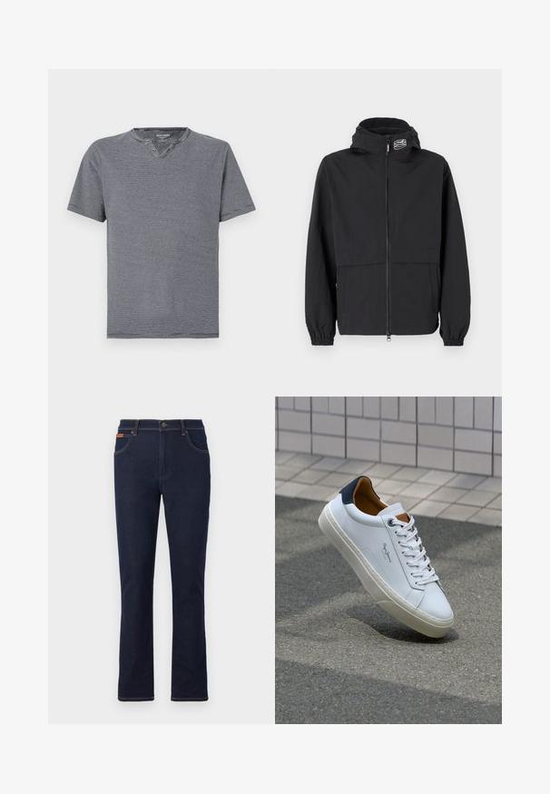 Crna jakna s kapuljačom, zatvaračem sprijeda, elastičnim manžetama i kapuljačom. Sadrži džep na prsima i glatku, laganu tkaninu.; Majica s kratkim rukavima, tamnoplave i bijele prugaste, s okruglim izrezom i dva gumba, izrađena od mekog pamučnog materijala.; Tamno plave traperice s ravnim krojem nogavica, s narančastim šavovima, pet džepova i kopčanjem na gumbe u struku.; Bijela kožna tenisica s mornarskom petom, okruglim vrhom i kontrastnim smešnim akcentima. Sadrži ravne vezice i teksturiranu gumenu potplat.