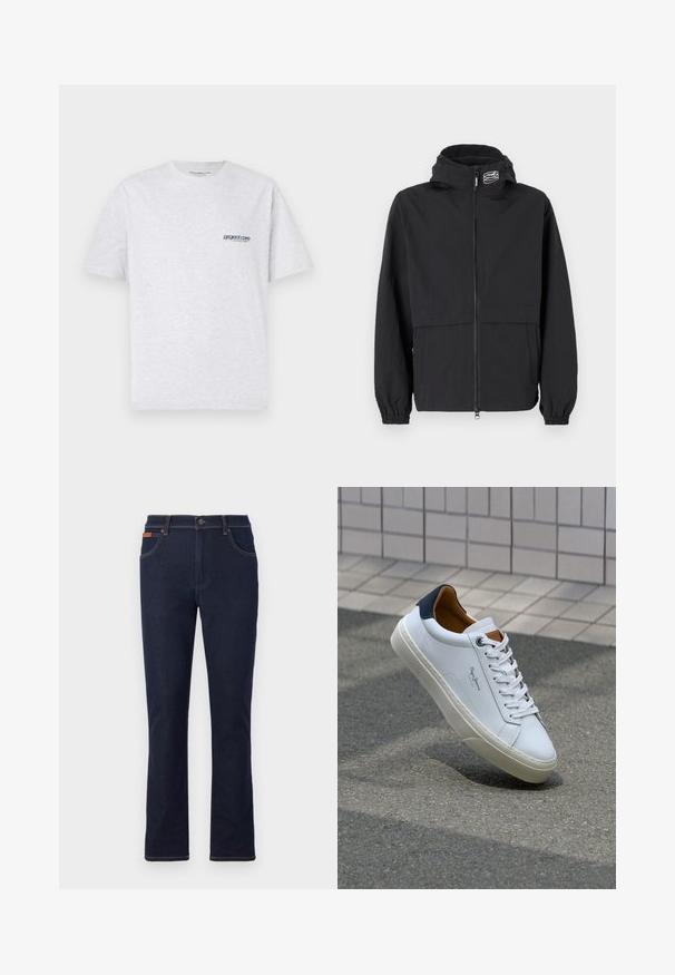 Musta tuulitakki, jossa on vetoketjullinen etuosa, joustavat hihansuut ja huppu. Sisältää rintataskun ja sileää, kevyttä kangasta.; Harmaa lyhythihainen t-paita, jossa on pieni sininen "project core" -logo vasemmalla rinnan puolella, esillä yksinkertaisella taustalla.; Tummansiniset farkut suoran lahkeen leikkauksella, joissa on oranssia ommelta, viisi taskua ja nappikiinnitys vyötäröllä.; Valkoinen nahkakenkä, jossa on tummansininen kantapää, pyöreä kärki ja ristikkäiset ruskeat korostukset. Varustettu tasapaksuilla nauhoilla ja teksturoidulla kumipohjalla.