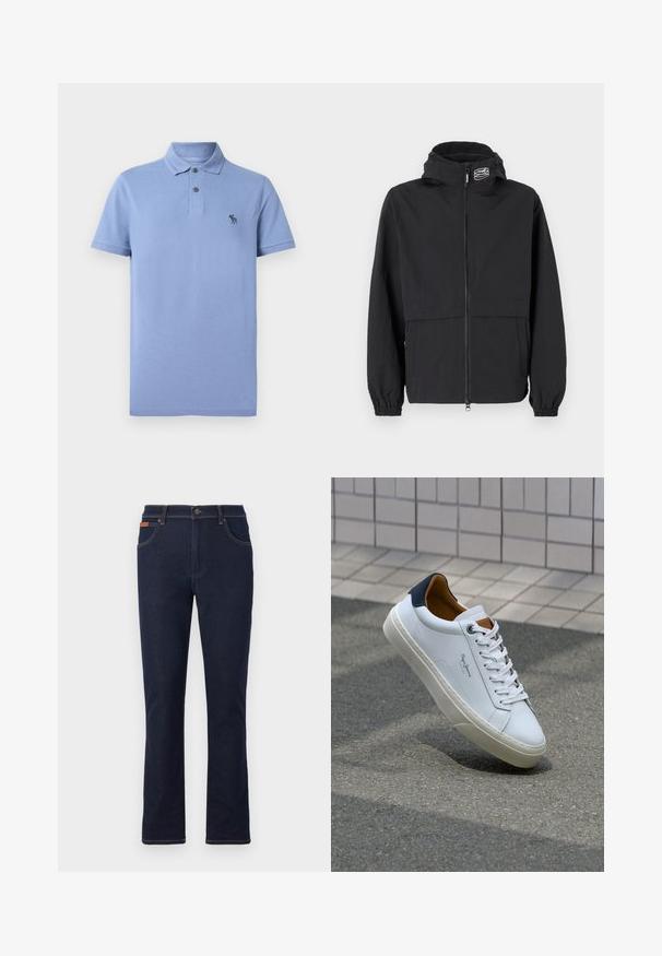 Juodas vėjaraščių striukė su užtrauktuku priekyje, elastinėmis rankogaliais ir užtraukiama kapuce. Yra krūtinės kišenė ir glotni, lengva medžiaga.; Šviesiai mėlynas polos marškinėliai, pagaminti iš tekstūruotos medžiagos, su klasikiniu apykaklės dizainu, dviem sagų atvartais ir mažai siuvinėtu logotipu ant krūtinės.; Tamsiai mėlyni džinsai su tiesiu kirpimu, turintys oranžinę siuvimo ornamentiką, penkias kišenes ir sagos užsegimą juosmens srityje.; Balti odiniai sportbačiai su mėlynu kulnu, apvalia nosimi ir kontrastingais rudais akcentais. Aptakios raišteliai ir tekstūruota guma.