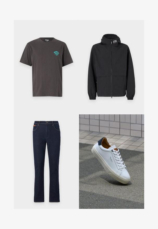 Černá větrovka s zipem vpředu, elastickými manžetami a kapucí. Obsahuje náprsní kapsu a hladkou, lehkou látku.; Tmavě šedé bavlněné tričko s krátkým rukávem, kulatým výstřihem a tyrkysovým logem "Wrangler Jeans 1947" vytištěným na levé straně.; Tmavě modré džíny s rovnými nohavicemi, zdobené oranžovým šitím, pěti kapsami a zapínáním na knoflík v pase.; Bílé kožené tenisky s námořnickým podpatkem, kulatou špičkou a kontrastními hnědými detaily. Obsahují ploché tkaničky a texturovanou gumovou podrážku.