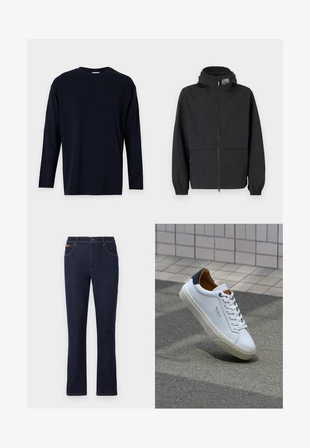 Μαύρο μπουφάν με φερμουάρ μπροστά, ελαστικούς καρπούς και κουκούλα. Διαθέτει μια τσέπη στο στήθος και μαλακό, ελαφρύ ύφασμα.; Μακρυμάνικο πουκάμισο σε σκούρο ναυτικό μπλε, φτιαγμένο από απαλό βαμβάκι, με στρογγυλή λαιμόκοψη και χαλαρή εφαρμογή, χωρίς ορατά μοτίβα ή λεπτομέρειες.; Σκούρο μπλε τζιν παντελόνι με ίσια γραμμή, διαθέτει πορτοκαλί ραφές, πέντε τσέπες και κλείσιμο με κουμπί στη μέση.; Λευκό δερμάτινο αθλητικό παπούτσι με ναυτική φτέρνα, στρογγυλή μύτη και αντίθετα καφέ αξεσουάρ. Διαθέτει επίπεδους κορδόνες και υφή από καουτσούκ στη σόλα.