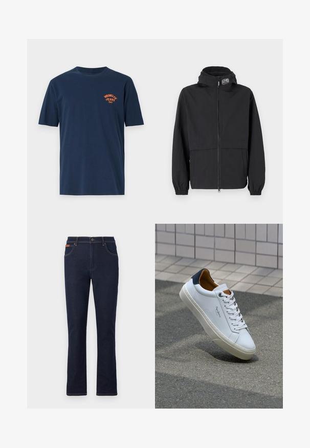 Casaco corta-vento preto com fecho de correr na parte da frente, punhos elásticos e capuz. Apresenta um bolso no peito e um tecido liso e leve.; T-shirt de algodão azul-marinho com mangas curtas, gola redonda e um logótipo bordado laranja "Wrangler Jeans 1947" no peito.; Fatos de ganga azul escuro com corte reto, apresentam costuras laranja, cinco bolsos e fecho com botão na cintura.; Sapatilha de couro branco com calcanhar azul marinho, bico redondo e detalhes em castanho contrastantes. Apresenta atacadores planos e sola de borracha texturizada.
