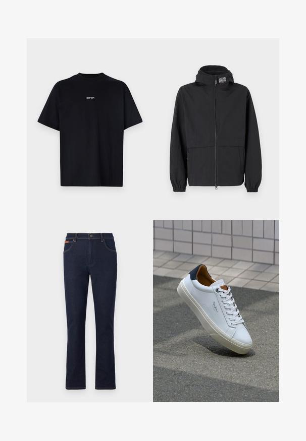 Black windbreaker jacket with a zippered front, elastic cuffs, and a hood. Features a chest pocket and smooth, lightweight fabric.; Black cotton t-shirt with a crew neckline and short sleeves. Features white text "CORE DEPT." on the front. Classic straight-cut design.; Dark blue denim jeans with a straight leg cut, featuring orange stitching, five pockets, and a button closure at the waist.; White leather sneaker with a navy heel, round toe, and contrasting brown accents. Features flat laces and textured rubber sole.