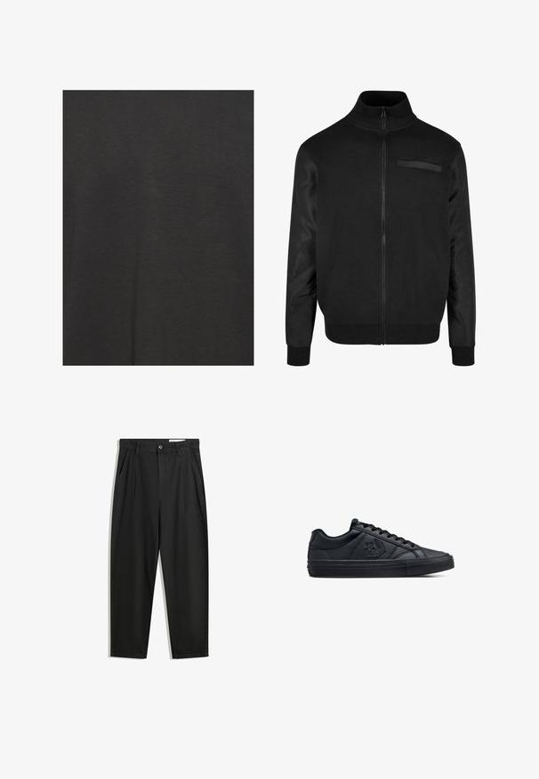 Zwarte zip-up jacket met hoge kraag, geribbelde manchetten en een gladde textuur. Inclusief een klein opgestikt zakje aan de bovenste linkerkant.; Zwarte t-shirt gemaakt van zacht materiaal, met een gladde textuur en een eenvoudig ontwerp zonder patronen of accenten.; Zwarte katoenen broeken met een losse pasvorm, voorzien van een klassieke tailleband, voorplooien en zijzakken. Gladde structuur zonder patronen.; Zwarte low-top sneakers van glad leer met een gestructureerde rubberen zool, voorzien van ronde veters en een sterrenlogo aan de zijkant.