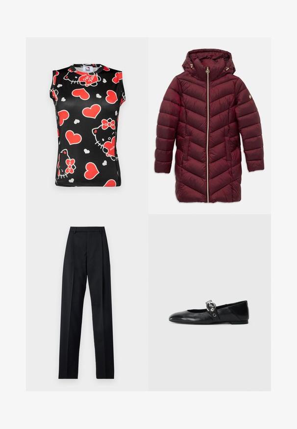 Duga vino crvena ušivena puffer jakna s kapuljačom, prednjim zatvaračem, bočnim džepovima i logotipom na lijevom rukavu.; Crna majica bez rukava s šarenim uzorkom lica Hello Kitty i crvenim srcima. Izrađena je od glatkog materijala s okruglim izrezom.; Crne hlače od glatkog materijala s visokim strukom, širokim nogavicama, prednjim pregibima i klasičnim petljama za remen. Nema vidljivih bočnih džepova.; Crne kožne baletanke s špicastim nosom, s remenom s okruglom metalnom kopčom i ravnim potplatom.
